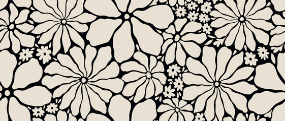 Leaves branch and Hand Drawn doodle Scribble floral plants banner, seamless pattern. Creative minimalist Abstract art background. Design wall decoration, postcard, poster and brochure