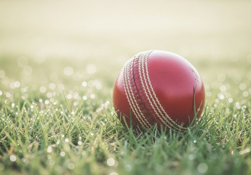 Cricket sport Red ball on grass with dew drops reflecting sunlight with stitching details and shadows for sport games used in tournament for practice - Powered by Adobe