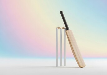 Cricket sport bat rests against the wickets on a light background, game equipment standing by stumps under the bails, prepared fora match on the pitch