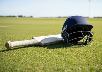 Cricket sport helmet placed beside a wooden bat on a vibrant green pitch for a competitive game of bat and ball in a professional sports equipment scenery