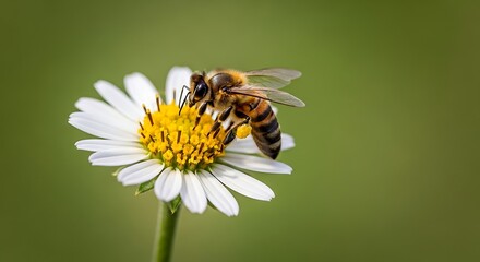 A bee collecting nectar from a white daisy flower in a garden.