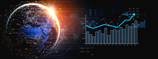 A dynamic visual representation of a globe with data graphs, illustrating the intersection of technology and finance, highlighting trends and global connections. Scalp