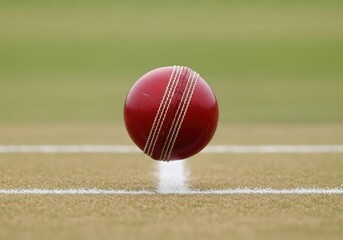 Cricket sport Close up of stitched red ball resting on white line of cricket pitch ready to use in competitive game of bat and ball on grassy surface