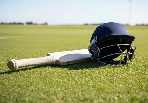 Cricket sport helmet placed beside a wooden bat on a vibrant green pitch for a competitive game of bat and ball in a professional sports equipment scenery
