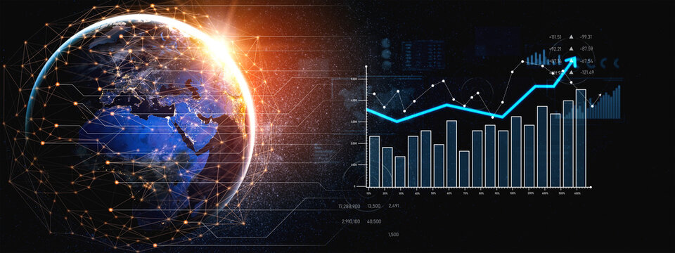 A dynamic visual representation of a globe with data graphs, illustrating the intersection of technology and finance, highlighting trends and global connections. Scalp