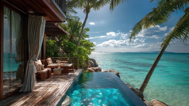 Camera moves from tropical villa terrace over infinity pool toward turquoise ocean, palm trees swaying and sunlight shimmering on the water. Perfect for resort, travel, and relaxation content.