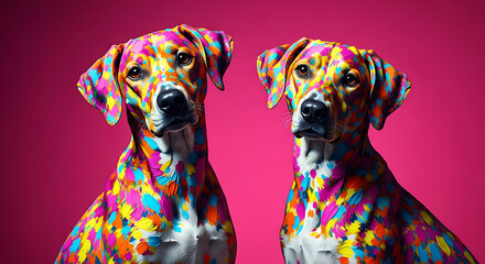 Two loving dogs in their unique fashion style, ready for Valentine’s Day, their bodies covered in colorful hearts. Stock Illustration | Adobe Stock