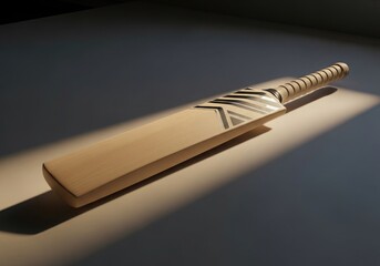 Cricket sport Perspective View of Wooden Bat with Black and White Design, Positioned Diagonally on Gray Surface with Defined Shadow, Studio Shot