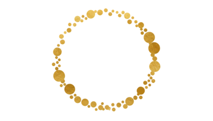 Golden circular frame made of small sparkling coins isolated on transparent background