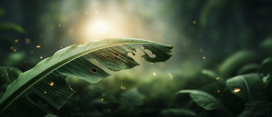 Magical sunlight shining on green banana leaf in serene jungle forest. beautiful nature background with soft light and an enchanting feel