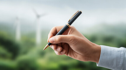 Professional hand signing business contract for renewable energy. focused concept on sustainability with wind turbine in green landscape