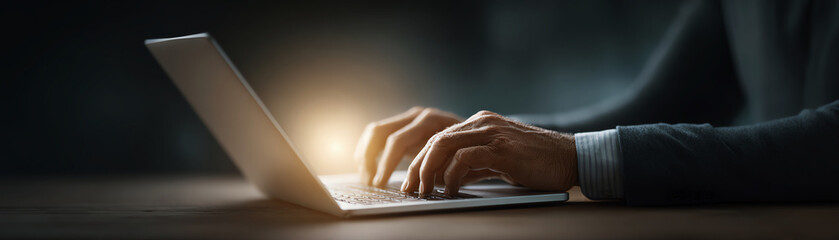 Focused man hand typing on laptop computer keyboard in dark. Working with technology and business data for network security and protection