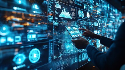 A person interacts with a large interactive display showing data visualizations and information