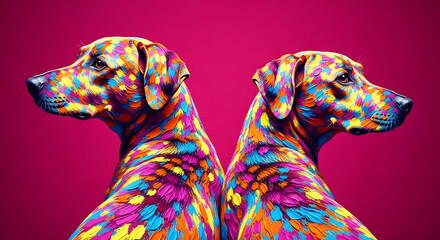 Two loving dogs in their unique fashion style, ready for Valentine’s Day, their bodies covered in colorful hearts. Stock Illustration | Adobe Stock