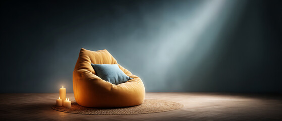 Solitary yellow beanbag chair in quiet, dark room illuminated by spotlight. minimalist furniture offers sense of peaceful comfort