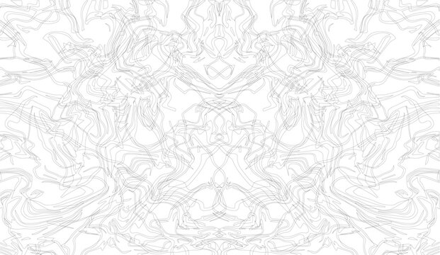 Abstract swirls in black and white create a symmetrical pattern, where delicate linework forms a complex, mirrored design against a bright backdrop, full of intricate details