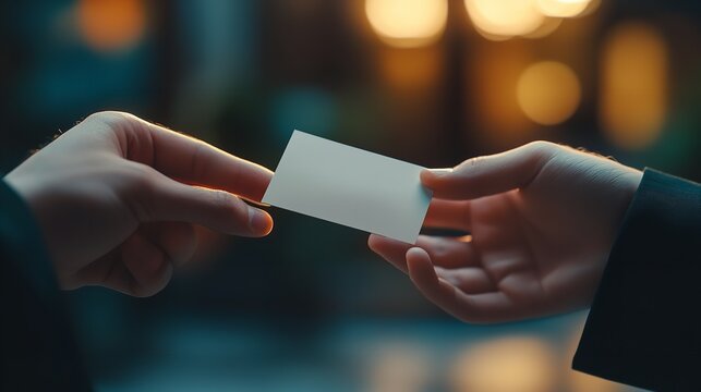 Close up of two hands exchanging a business card with a blurred background