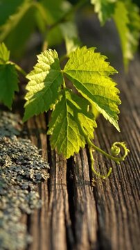 A vibrant green vine leaf with intricate serrated edges, illuminated by soft golden sunlight, gracefully rests upon a weathered, textured wooden surface. The rustic planks are adorned with subtle lich