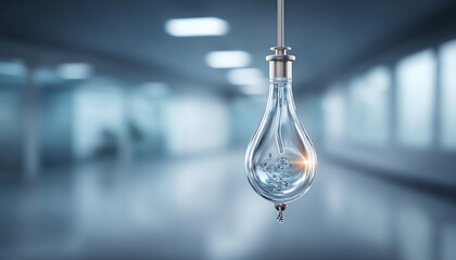 Single lightbulb hanging in hallway, bright idea for innovation and creativity. Closeup with soft focus background representing new concept