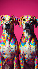 Two loving dogs in their unique fashion style, ready for Valentine’s Day, their bodies covered in colorful hearts. Stock Illustration | Adobe Stock