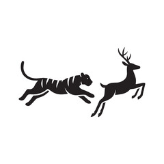 Tiger Chasing Deer Silhouette – Minimalist Black Icon of Wildlife, Motion, and Predator-Prey Dynamics