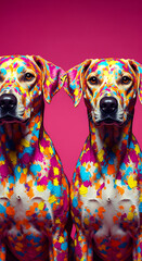 Two loving dogs in their unique fashion style, ready for Valentine’s Day, their bodies covered in colorful hearts. Stock Illustration | Adobe Stock