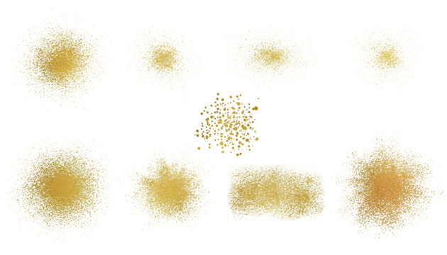 Collection of glowing yellow abstract light bursts and particles isolated on transparent background