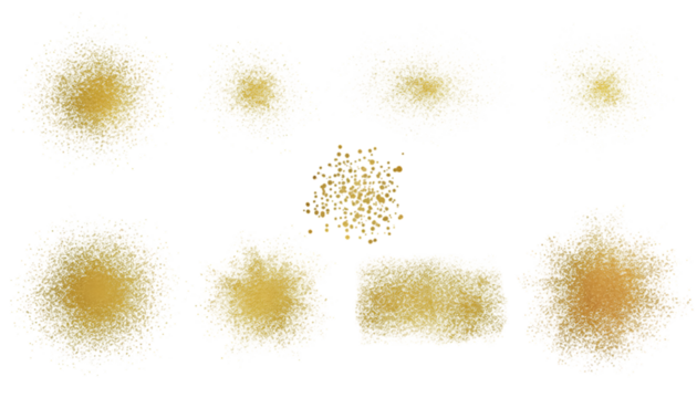 Collection of glowing yellow abstract light bursts and particles isolated on transparent background