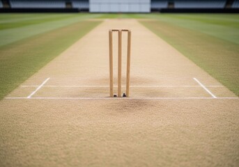Cricket sport, close-up of stumps on the field, view of the cricket pitch with stumps, ground with white line, cricket sport gear during the game on the pitch