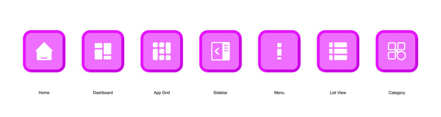 Flat UI UX Icons.Dashboard, Menu, and Category Symbols.