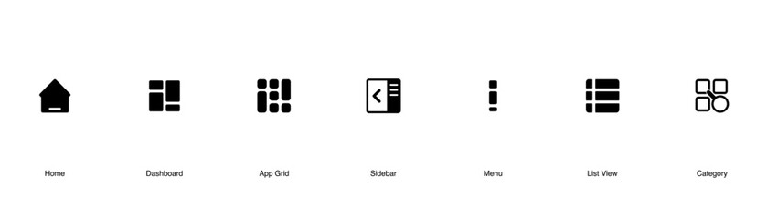 UI Dashboard Navigation Icons Set.Home, Menu, and Grid Symbols.