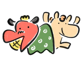 墨絵のかわいい獅子舞とバンザイする馬　正月素材
