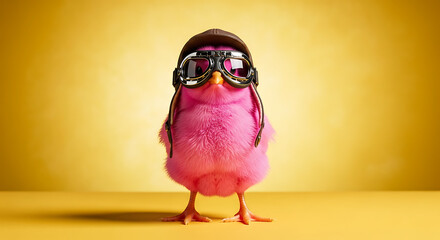 A pink chick wearing vintage aviator goggles and a pilot cap stands against a flat background, embodying a bold spirit of adventure and self-expression, Surreal Vintage Fashion Portrait