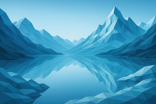 Icy Mountain Reflection in Frozen Lake, Low Poly Digital Winter Landscape Art
