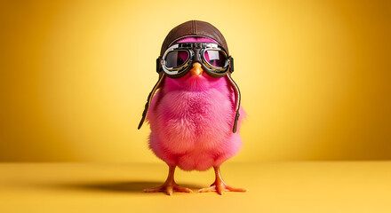 A pink chick wearing vintage aviator goggles and a pilot cap stands against a flat background, embodying a bold spirit of adventure and self-expression, Surreal Vintage Fashion Portrait