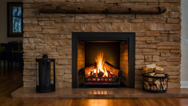 fireplace with burning logs