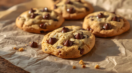 Homemade baked chocolate chip cookies on a wooden table are a delicious sweet dessert snack