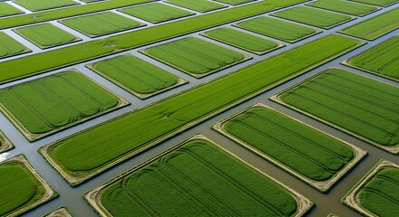 Aerial View of Lush Green Rice Paddies in a Grid Pattern.