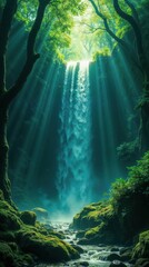 A majestic waterfall in a lush forest with dramatic sunbeams shining from above