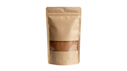 Brown kraft paper stand up pouch with window for food product display isolated on transparent background