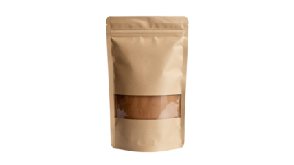Brown kraft paper stand up pouch with window for food product display isolated on transparent background