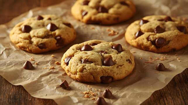 Homemade chocolate chip cookies on a plate, delicious sweet dessert snack
