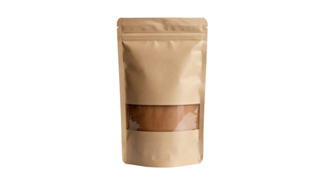 Brown kraft paper stand up pouch with window for food product display isolated on transparent background