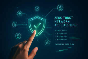 Finger points to shield icon for zero trust network architecture