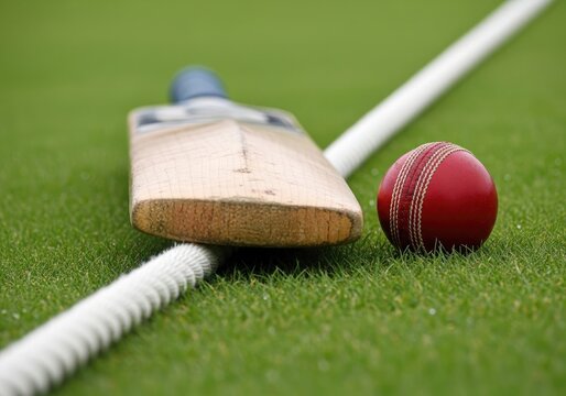 Cricket sport bat and ball on grass near rope conveying a sense of sport equipment, outdoor gameplay, and competitive spirit on the field at daytime - Powered by Adobe