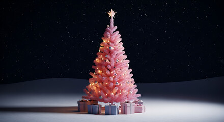 A pink Christmas tree with snow gently falling on it at night, set against a dark background. Charming Retro Romance & Joyful Celebrations