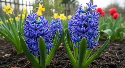 Close up of vibrant blue hyacinth flowers blooming in a garden bed with daffodils and tulips in the background.