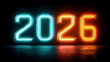 Neon illuminated numbers 2026 in vibrant blue and orange colors, showcasing a dynamic scene with gradual camera zoom in on glowing digits, emphasizing modern design and celebration