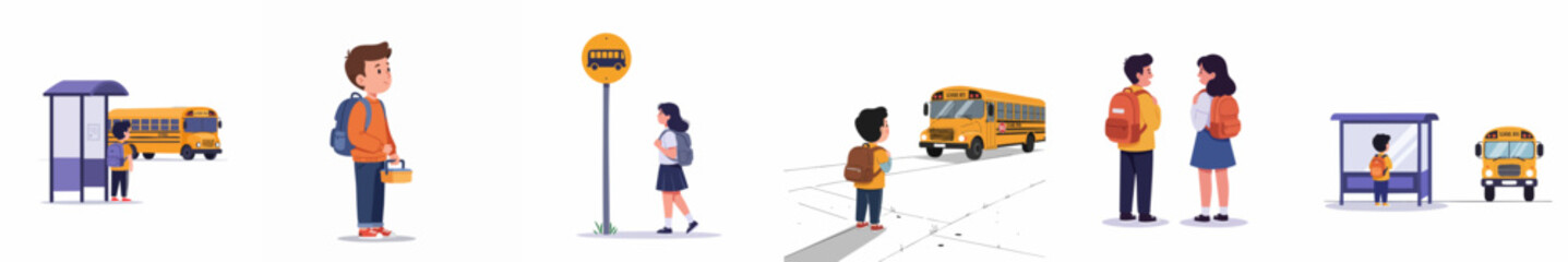 Minimalist Illustration Students Waiting at School Bus Stop with Shelter and Road Sign