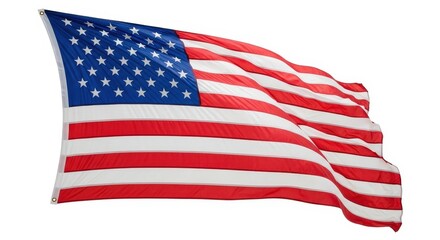 Fototapeta premium Waving American Flag with Red and White Stripes and Blue Field of Stars in Bright Sky